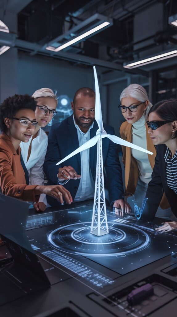 diverse team industrial engineers using futuristic hologram wind turbine prototype compute